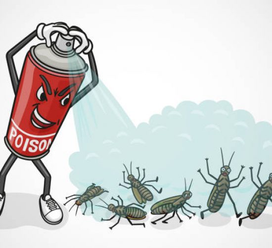 The cartoon spray can sprays poison on cockroaches.